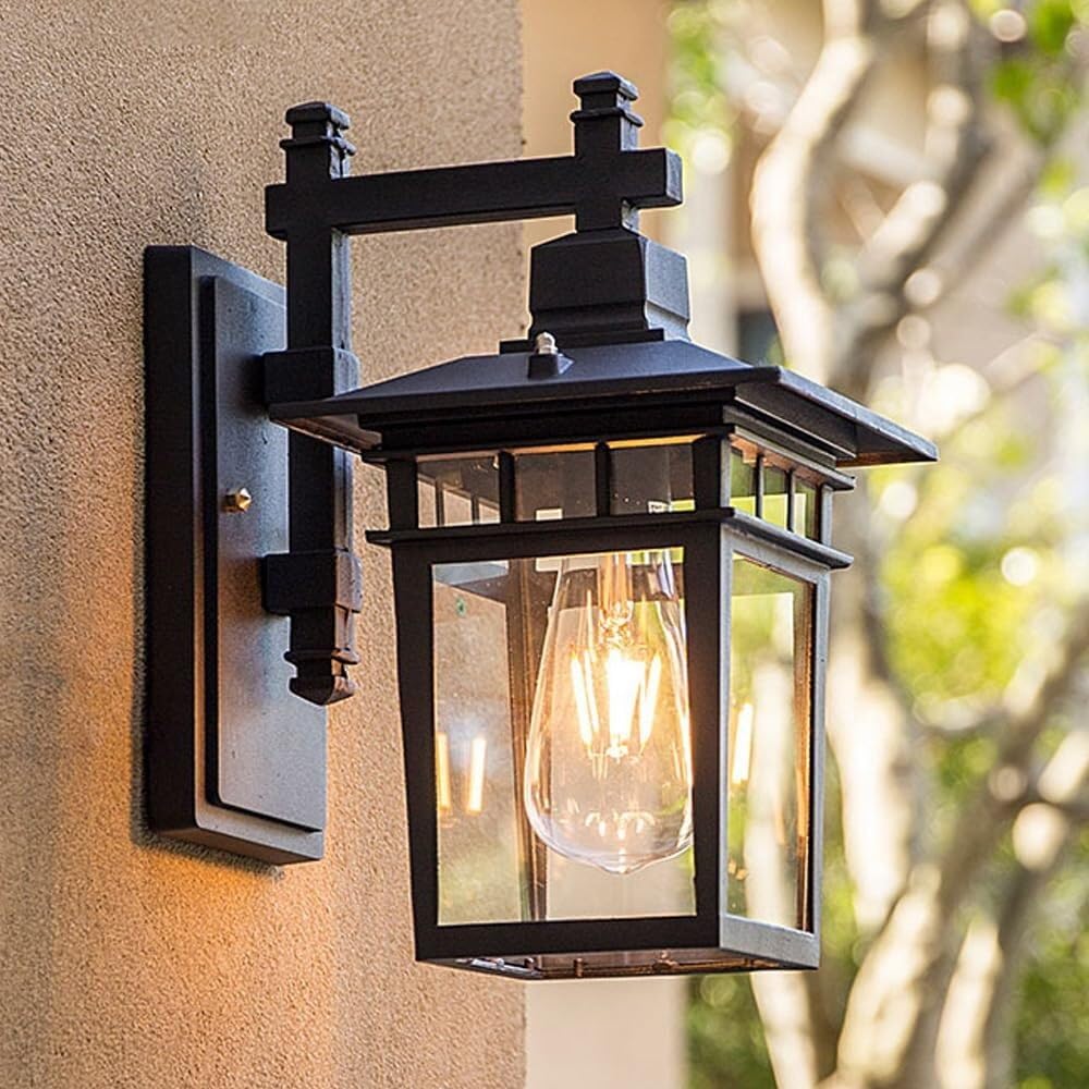 Wejścia Lampa Zewnętrzna Kwadratowa Czarna Zewnętrzna Lampa Ścienna Wodoodporna Szklana Latarnia Vintage Kinkiet Ścienny Aluminiowa Do Ogrodu Oświetlenie Ogrodu(4 Pack)