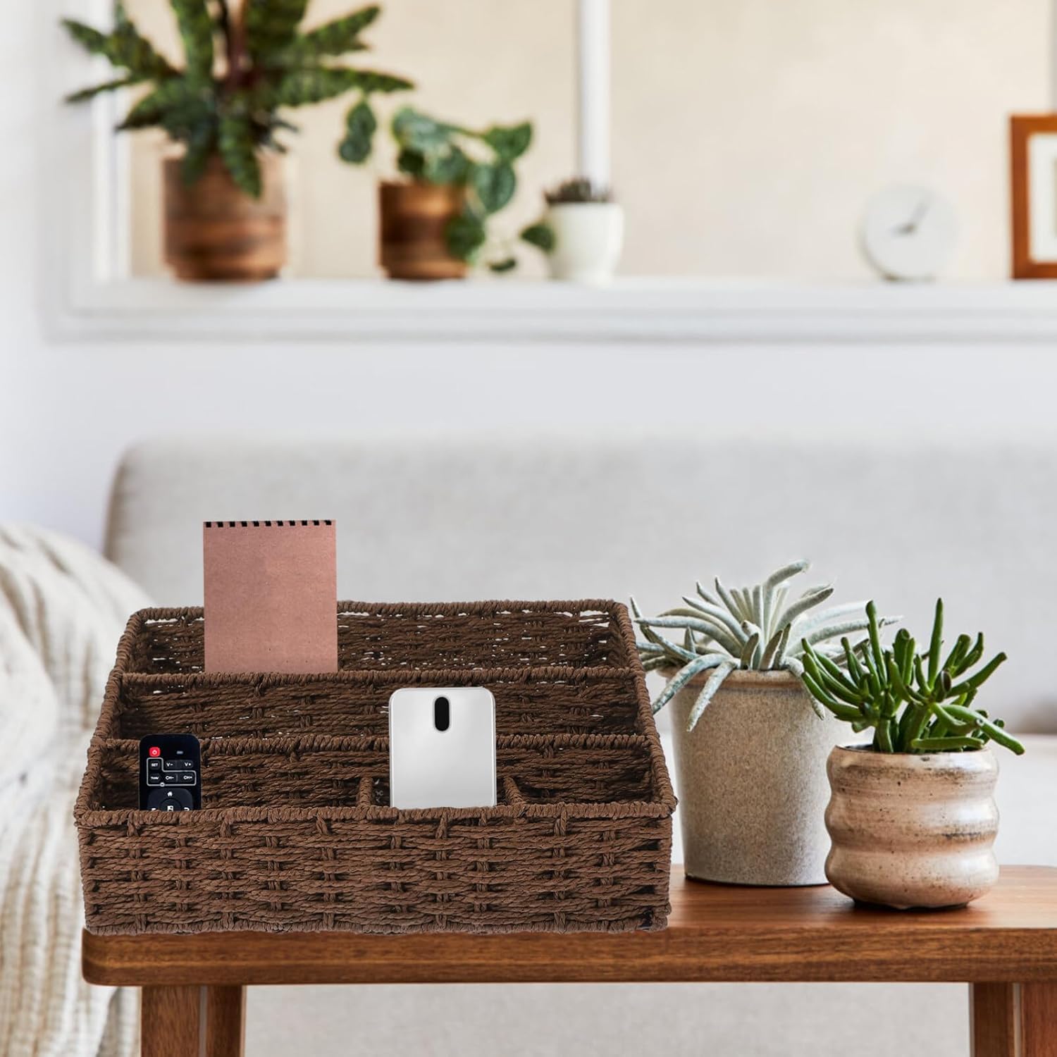 Cabilock Rectangle Wicker Storage Basket, Desktop Woven Storage Basket, Divided with 5 Compartments, Small for Organizing, Sundries Organizer for Home Office (Coffee)