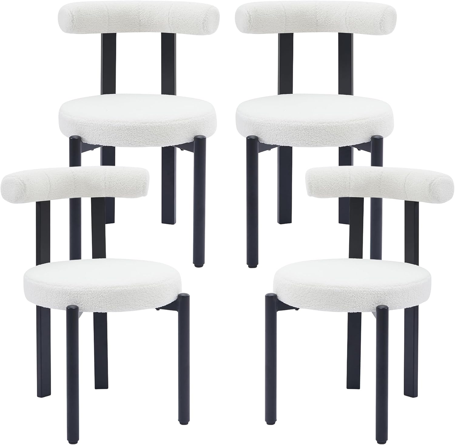 Kiztir Boucle Dining Chairs Set of 4 Mid Century Modern Dining Chairs Round Cushion Dining Room Chairs with Curved Back and Black Metal Legs for Kitchen, Living Room, Bedroom (Beige)