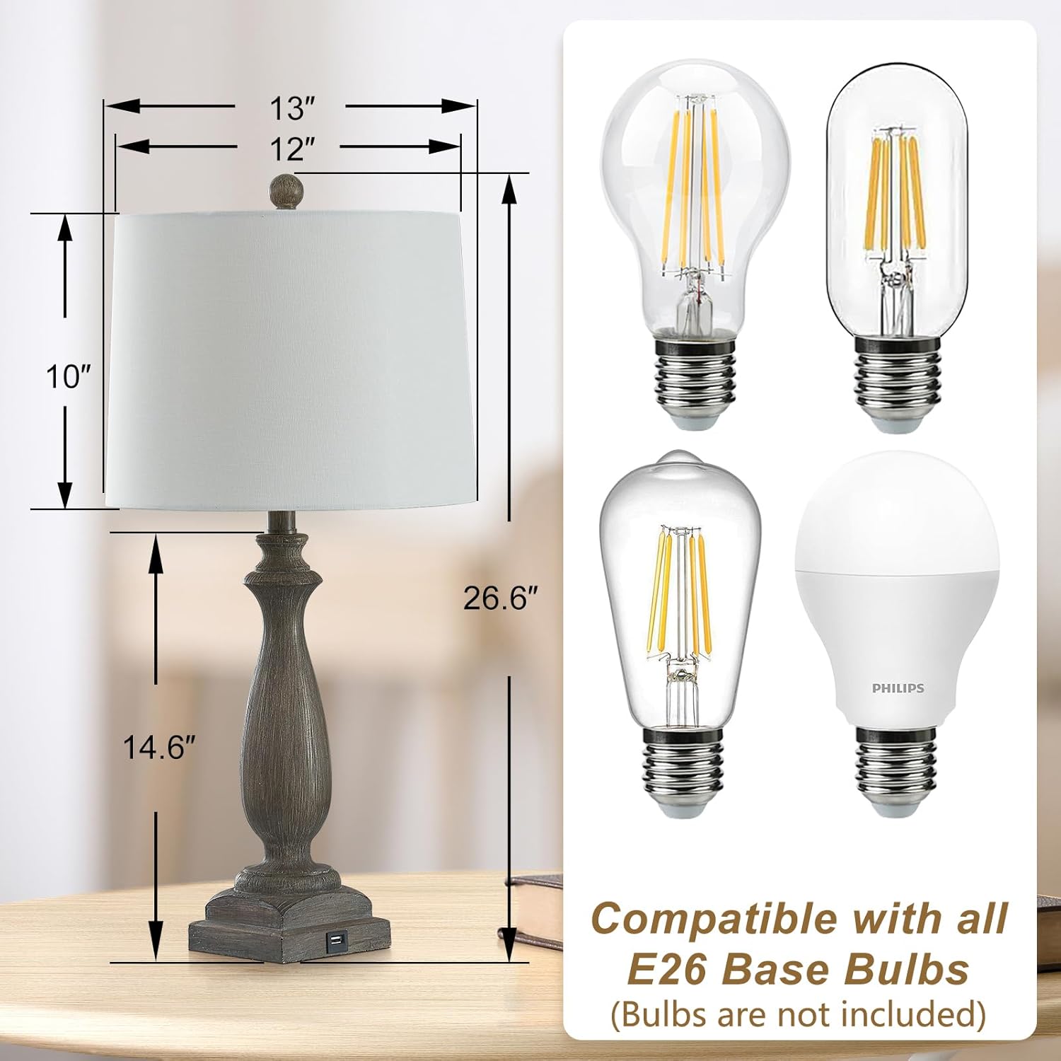 26'' Traditional Table Lamps Set of 2 with USB Charging Port, 3-Way Dimmable Rustic Farmhouse Resin Bedside Lamps for Bedroom, Vintage Nightstand Desk Lamp for Living Room &White Linen Shade