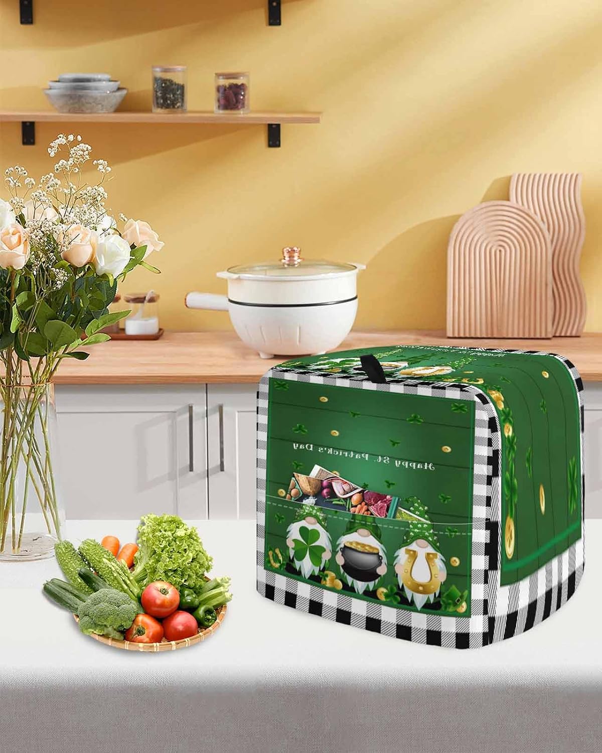 St. Patrick's Day Stand Mixer Cover with Storage Pocket, Waterproof Kitchen Mixer Covers, Green Shamrocks Gnomes Gold Coin Plaid Kitchen Appliance Dust Cover Compatible with 6-9 Quart Mixers