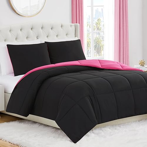 Juicy Couture Reversible Box Stitch Comforter Set, 3-Piece Full/Queen – Hot Pink/Black – Glam Bedding Set