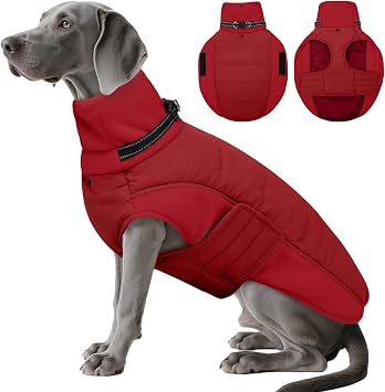 DENTRUN Dog Coat with Collar Built in - Heavy Duty Windproof Dog Jacket, Plush Fleece Lining & D-Ring, Adjustable Fit for Labrador, Golden Retriever, Cold Weather, Red, XL