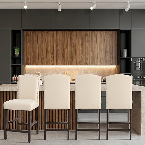 Miniatura 8 de GOFLAME Juego de 2 taburetes de bar, modernos taburetes de bar tapizados con asiento acolchado, sillas con respaldo y patas de madera de goma, juego