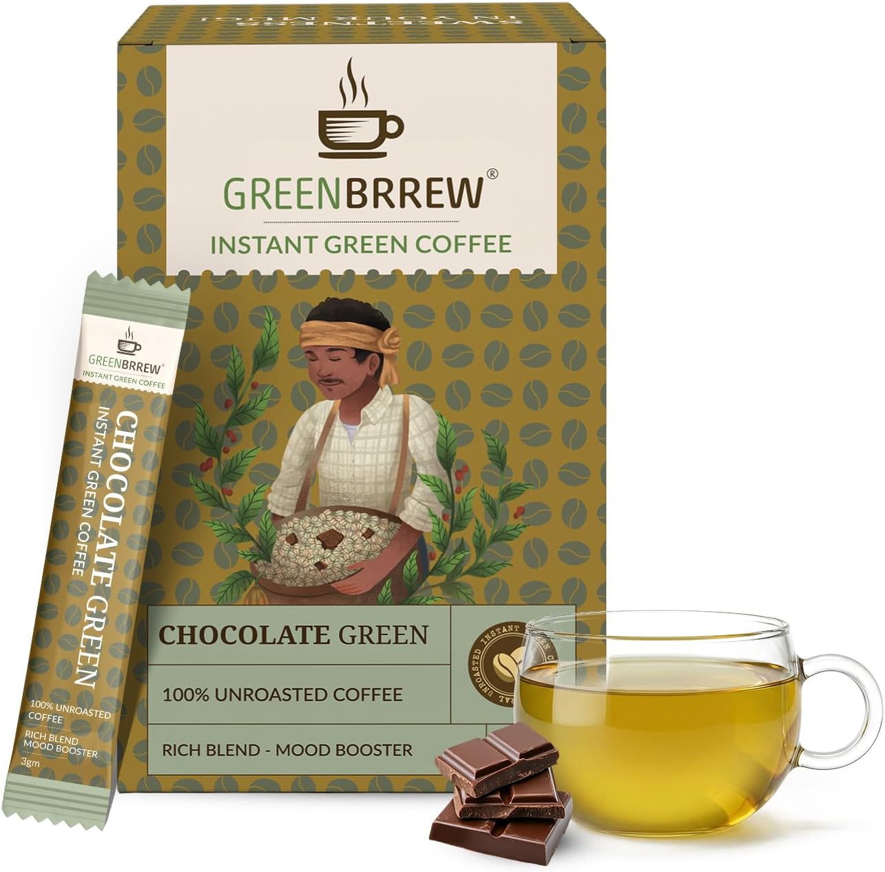 Greenbrrew Chocolate Instant Green Coffee - 20 Easy Mix Sachets, Pack of 1 (60g)