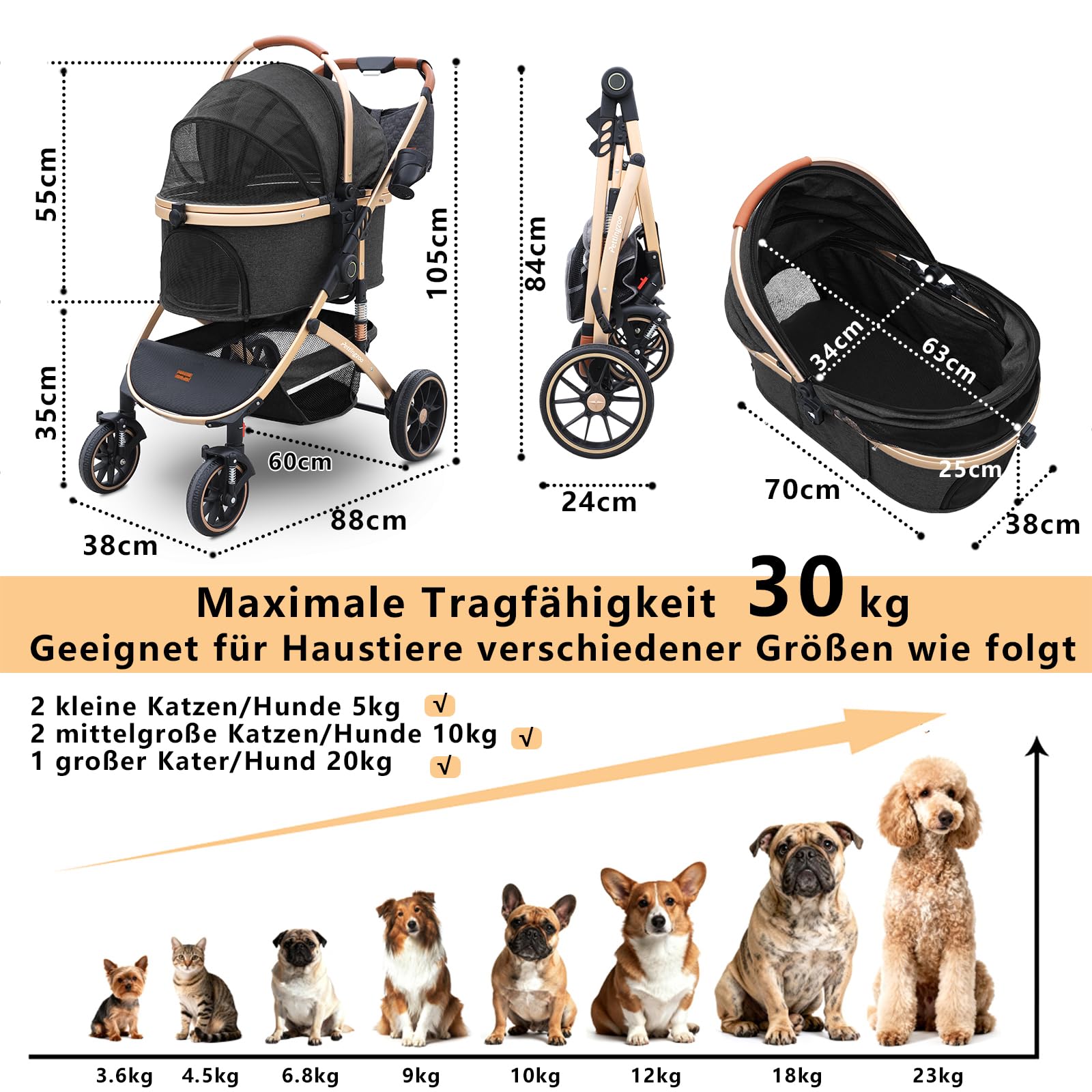 Hundewagen mit 4 Rädern, hundebuggy große Hunde & Katzen Hundebuggy bis 30kg, Hunde katzenwagen für 2 Katzen 360° Verschleißfeste Gummiräder Netzfenstern 3-in-1 multifunktio