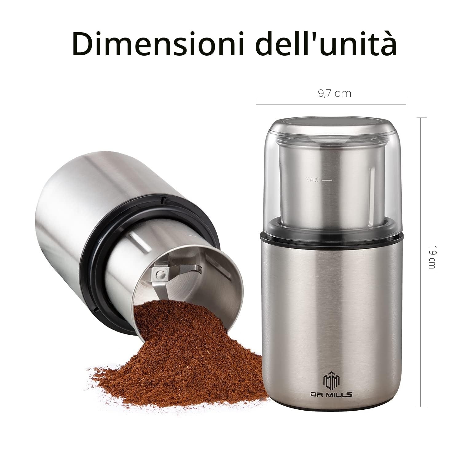 DR MILLS DM-7452A Macinino elettrico per spezie e caffè essiccati, macinacaffè e tritatutto, tazza staccabile, senza lavaggio, lama e tazza realizzati in acciaio inossidabile SUS304