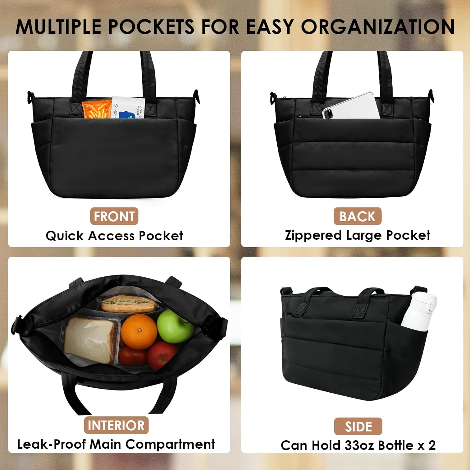 Wdmiya Insulated Lunch Bag for Women, Quilted Lightweight Puffer Tote Bag with Lunch Compartment & Cup Holder, Soft Reusable Lunch Box for Adults Work, Travel, Camping, Picnic, Outdoor, Black