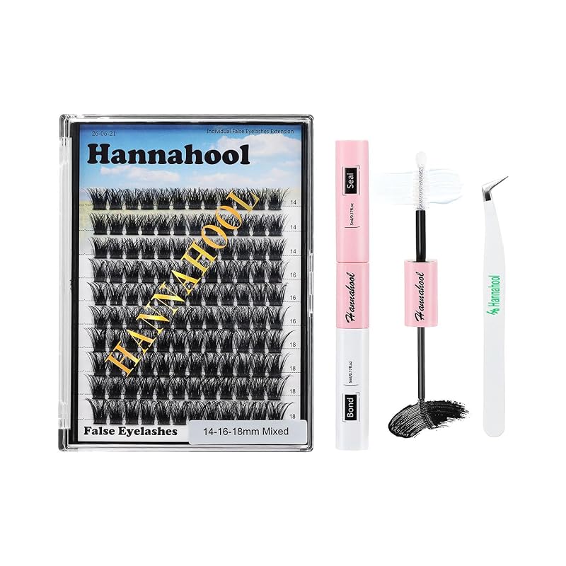 Kit de cílios postiços em tufos individuais com haste larga e curvatura D Hannahool, 120 unidades, comprimentos mistos de 10 a 18 mm, com Bond & Seal e pinça