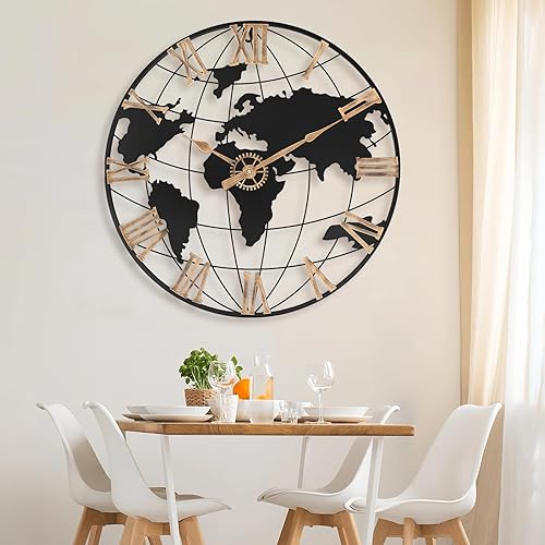Miniatura 7 de Reloj de pared grande de 24 pulgadas para decoración de sala de estar, reloj de pared de metal con mapa del mundo silencioso y moderno con número