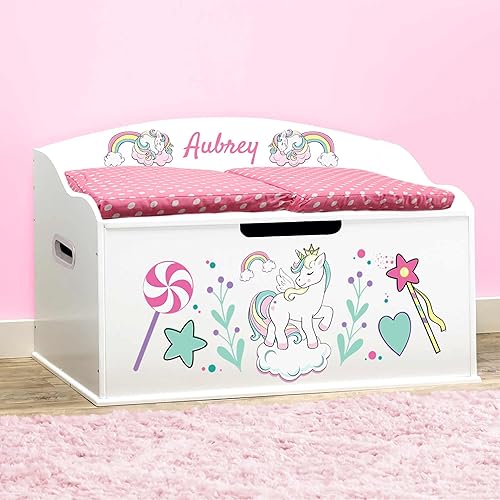 Miniatura 1 de DIBSIES Caja de juguetes personalizada Creative Wonders, unicornios y arcoíris, 30 x 19.25 x 18 pulgadas, tapa de cierre suave (blanco)