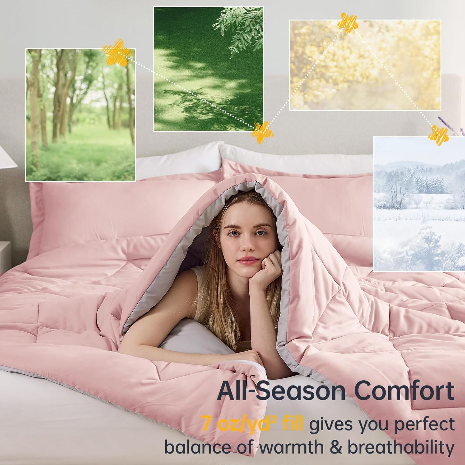 JOLLYVOGUE Full Comforter Sets, Ultra Soft Reversible Bedding for All Seasons, 3 Pieces Down Alternative Bed Set Includes 1 Lightweight Comforter and 2 Pillow Shams, Rose Gold/Light Grey