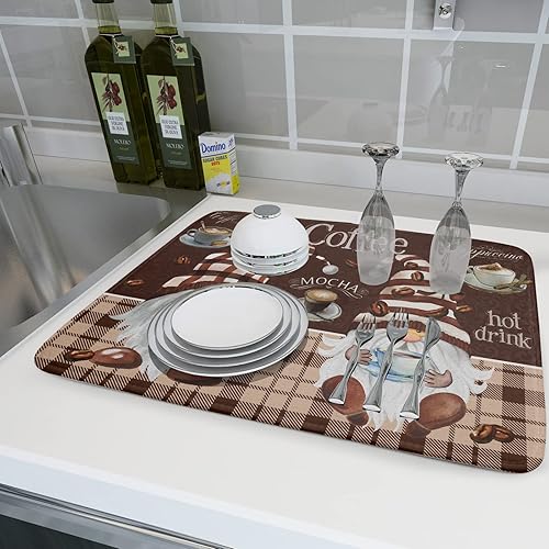 Miniatura 6 de Tapete de secado de platos de gnomos de café de 18 x 24 pulgadas, tapete para cafetera para mesa, a cuadros de búfalo, marrón, moca, absorbente,