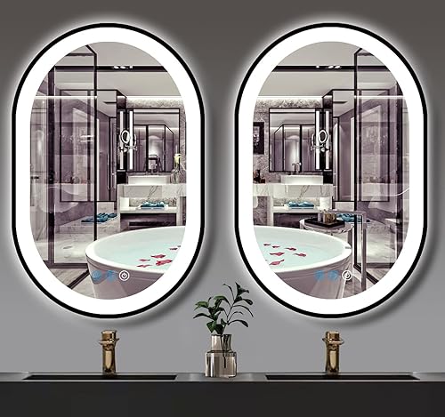 Miniatura 7 de Espejo LED ovalado negro de 32 x 20 pulgadas para baño, sala de belleza, montaje horizontalvertical, marco negro de 32 pulgadas, espejo iluminado