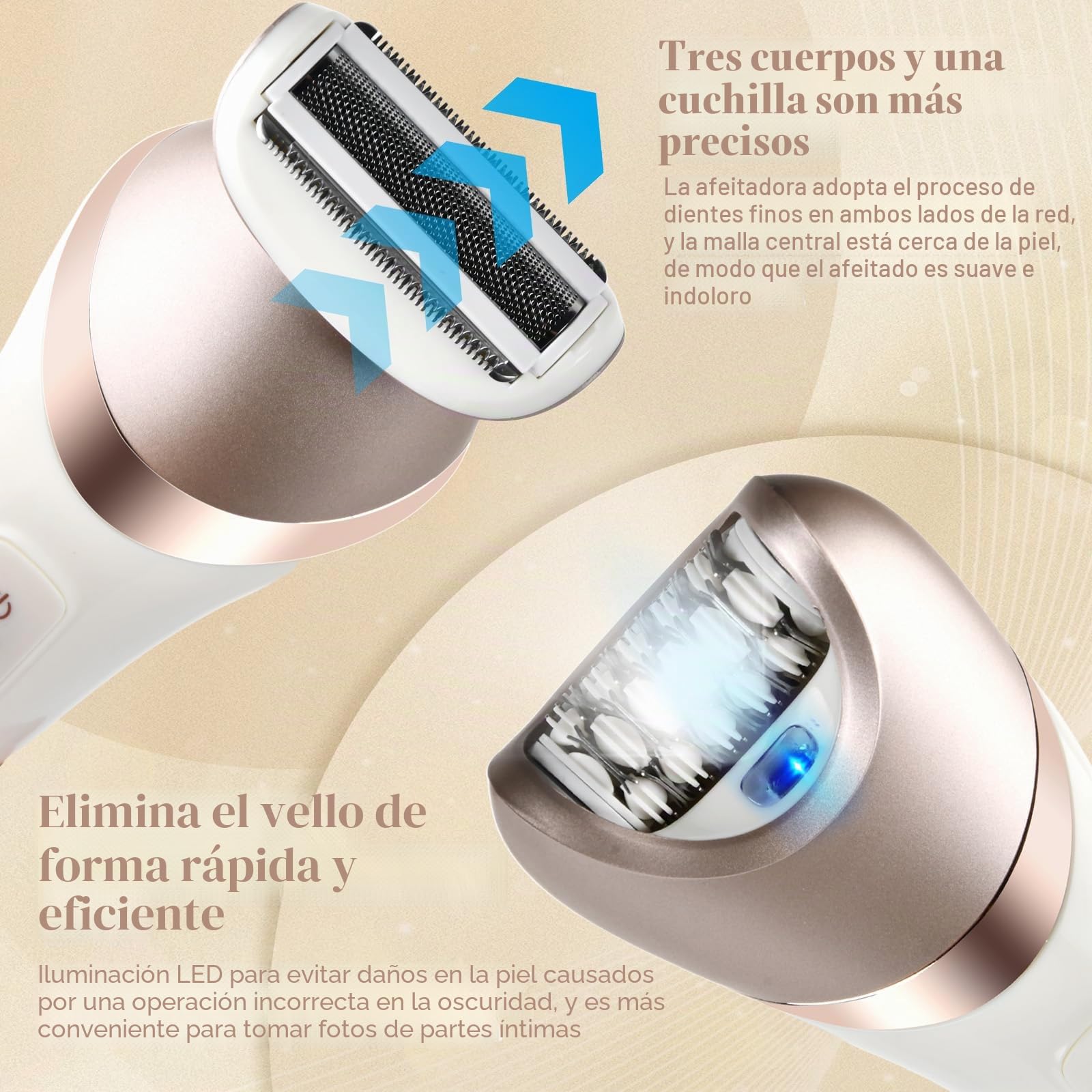 6 en 1 Afeitadora Eléctrica Mujer, Rasuradora Intima USB Recargable, Depiladora Eléctrica Mujer, Depiladora Femenina IPX7 Impermeable para Cara, Axila, Pierna y Zona Bikini