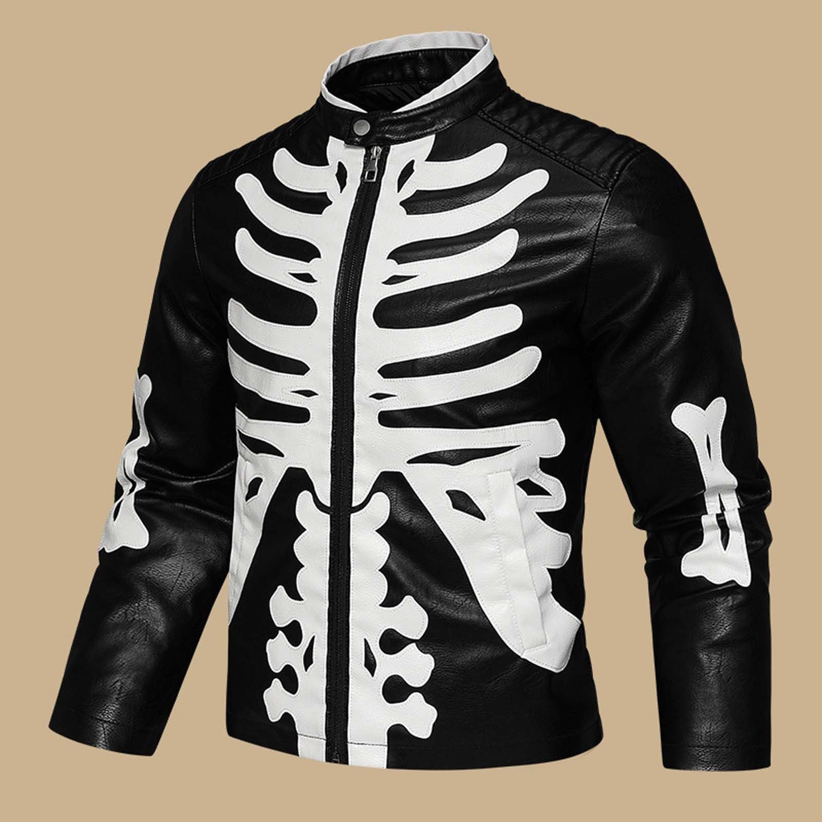 Giacca da uomo Primavera Estate Collo Alto Giacca Uomo Metà Stagione Moto in Pelle Cappotto Halloween Scheletro Giacche Aviatore Deguisement Cosplay Saharian Bombers da Lavoro Jacket Cappotti Bomber