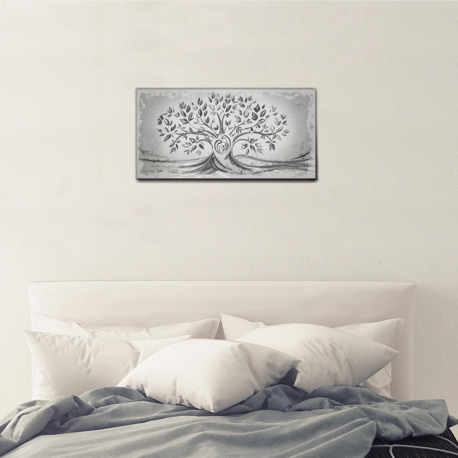 Giallobus - Quadro - 03 - Capezzale Moderno - Sacra Famiglia e Albero della Vita - Black&Gray - Tela Canvas Telaio Standard - 100x50 - Pronto da Appendere - Quadri Moderni per la casa