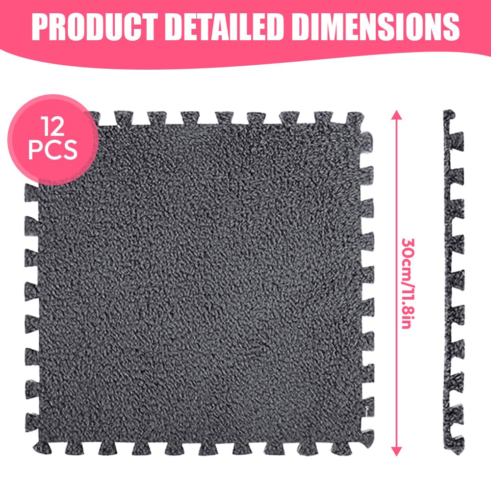 12 Stück Teppichboden Schaumstoffmatte, Plüsch Teppichfliesen, Ineinandergreifender Wohnzimmer Memory Foam Teppich (Schwarz)