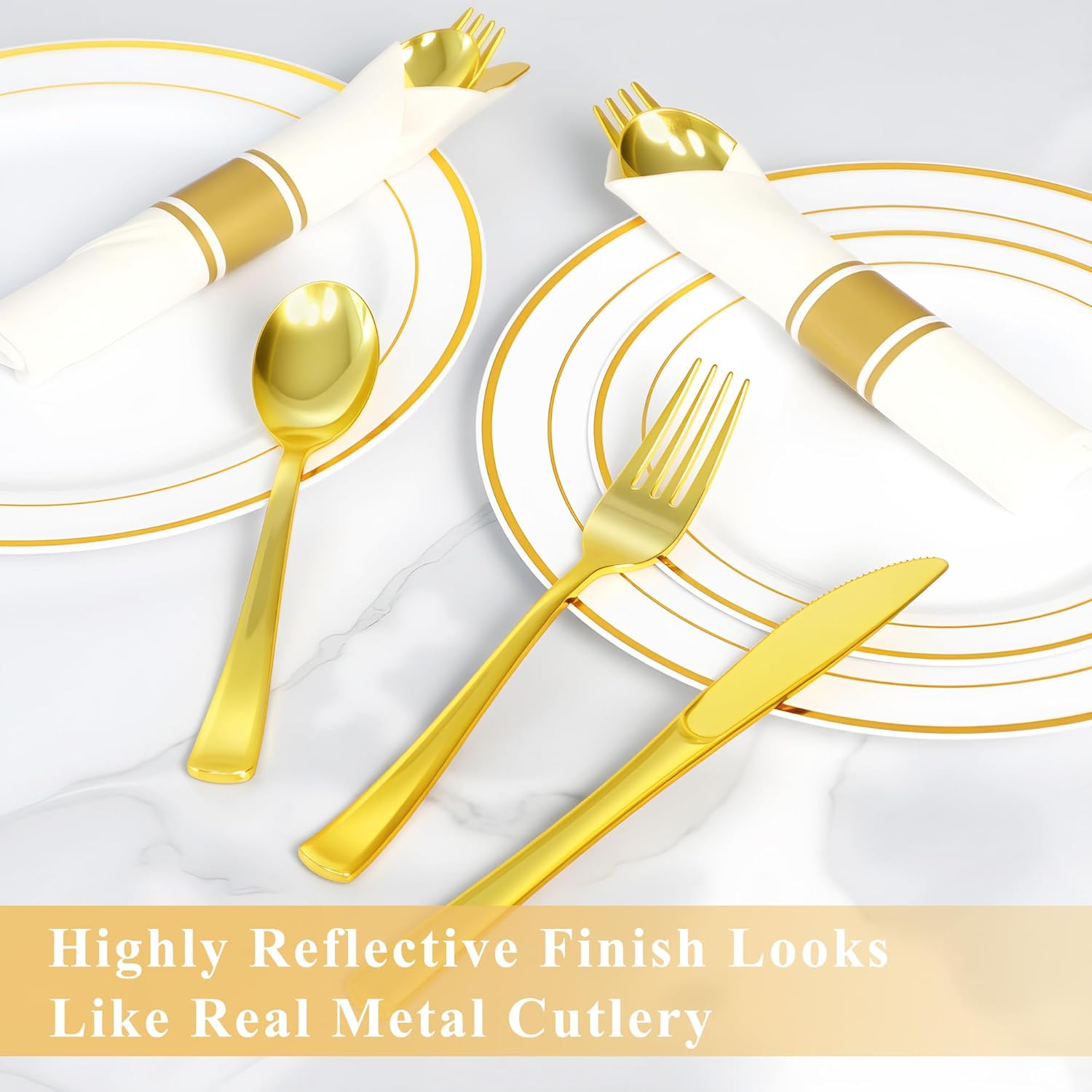 100 Pack Pre Rolled Gold Plastic Silverware Set,Wrapped Plastic Cutlery Set with Napkin Include 100 Forks,100 Spoons,100 Knives and 100 White Napkins for Party, Wedding,showers, Christmas