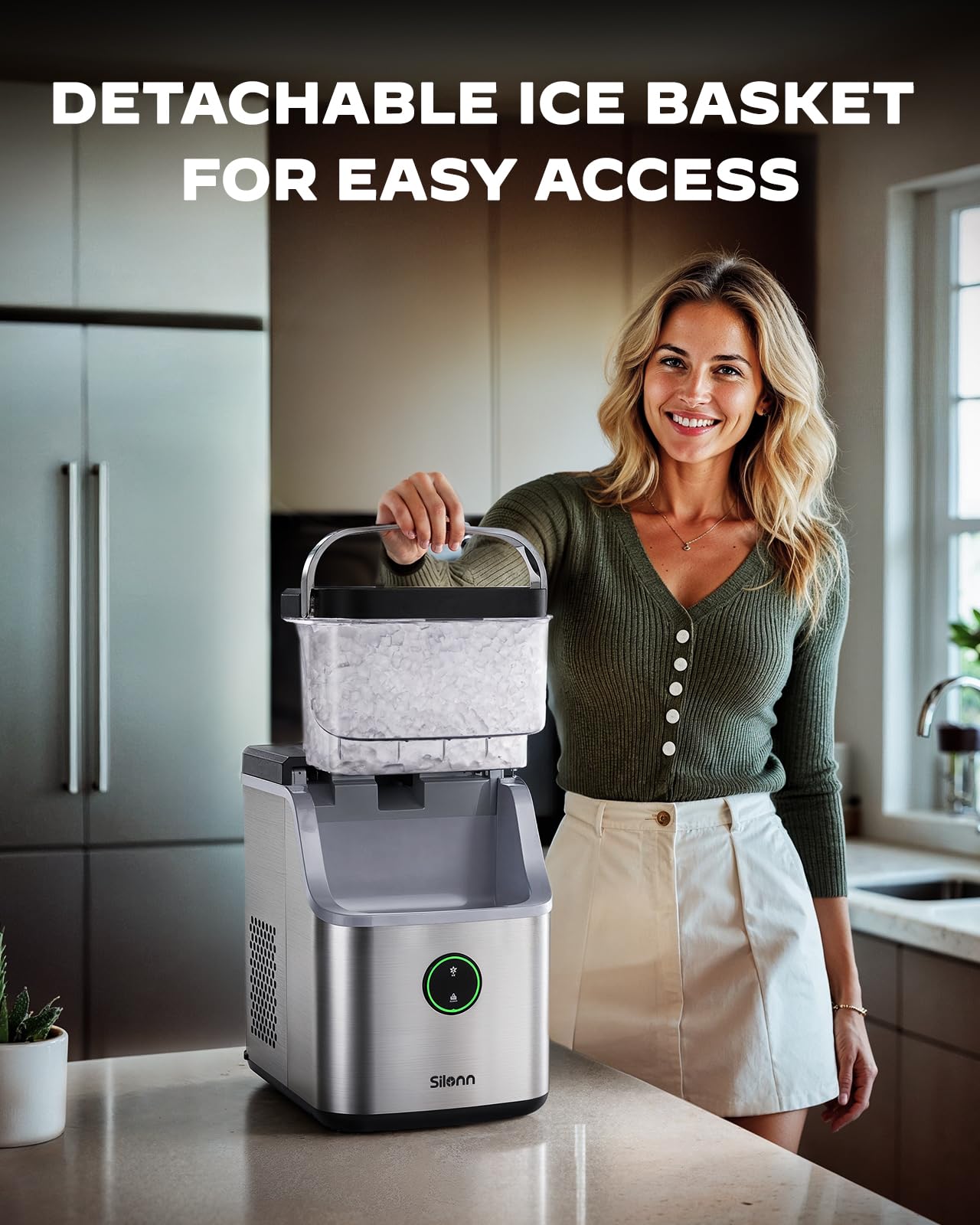 Silonn Nugget Ice Maker Countertop, Ice Basket with Handle, Quiet Operation & Self Cleaning Ice Machine, Chewable Ice, 33 lbs/24H, Portable Pellet Ice Maker with Scoop for Home, Kitchen and Office on Fridge.com