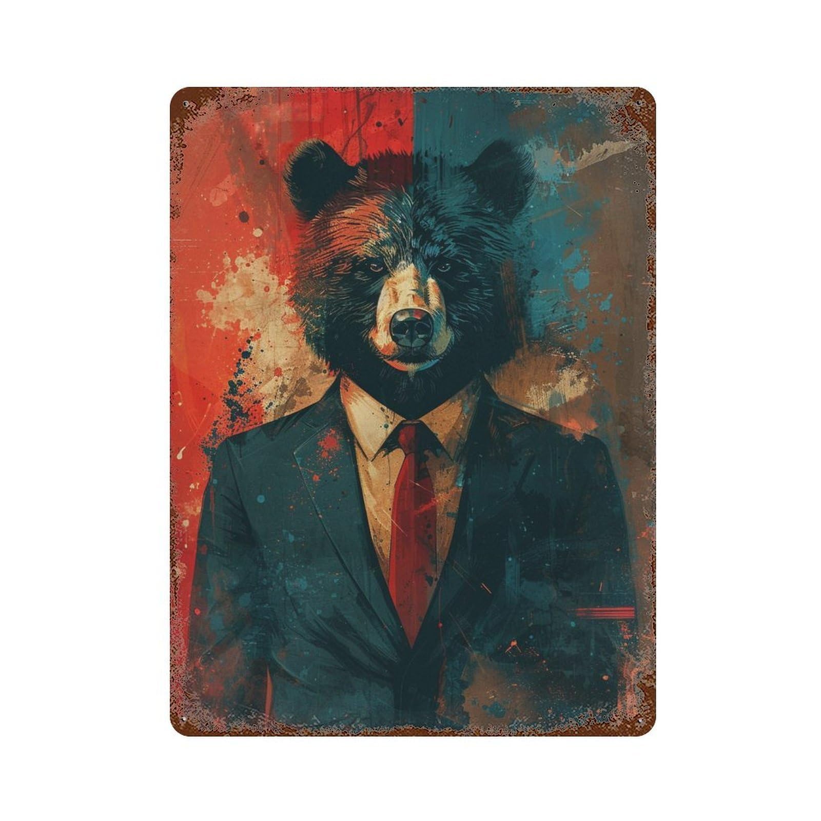 Rustic Tin Plaque with Wild Bear in Suit Art Print Design 15.7"x11.8", for Pub, Kitchen And Man Cave Decor, Old School Wall Decor