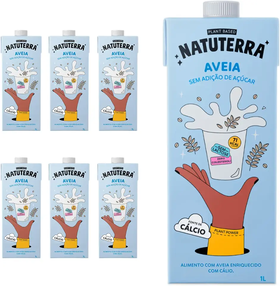 Natuterra Leite Vegetal de Aveia 1L - Pack de 6 | Bebida Vegetal Plant Based Sem Adição de Açúcar | Bebida sem lactose, colesterol e soja, fonte de cálcio | Perfeito para café, smoothies e criações culinárias.