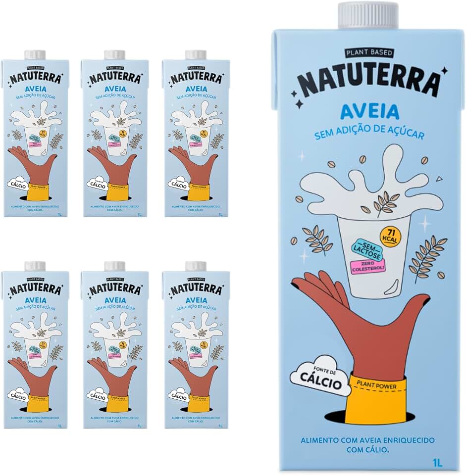 Natuterra Leite Vegetal de Aveia 1L - Pack de 6 | Bebida Vegetal Plant Based Sem Adição de Açúcar | Bebida sem lactose, colesterol e soja, fonte de cálcio | Perfeito para café, smoothies e criações culinárias.