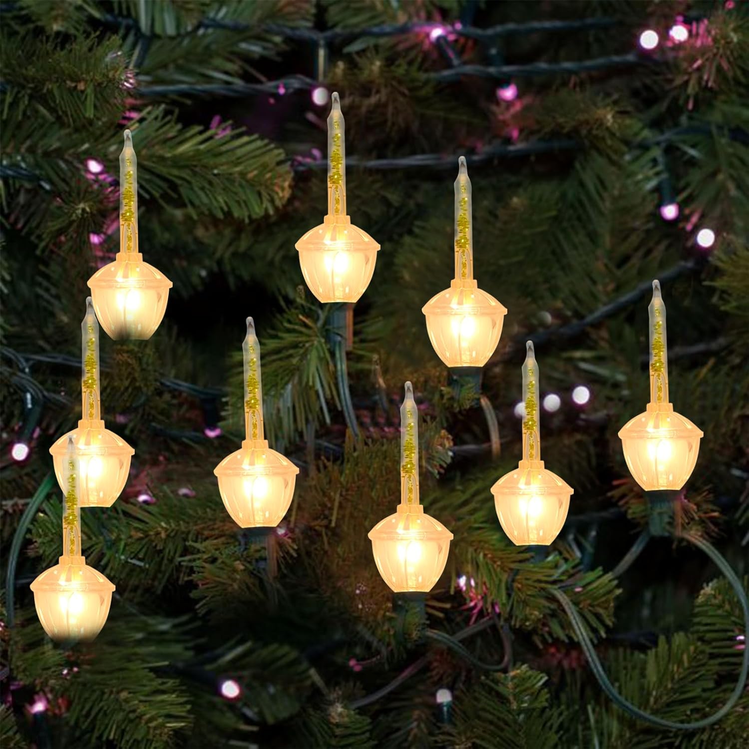 Christmas Bubble Lights Set, 11Ft Vintage Bubble Light String with 8 Clear Bubble Fluids with Gold Glitter Bulbs(1 Spare), UL Listed for Holiday Party House Christmas Celebrations Decor, Green Wire