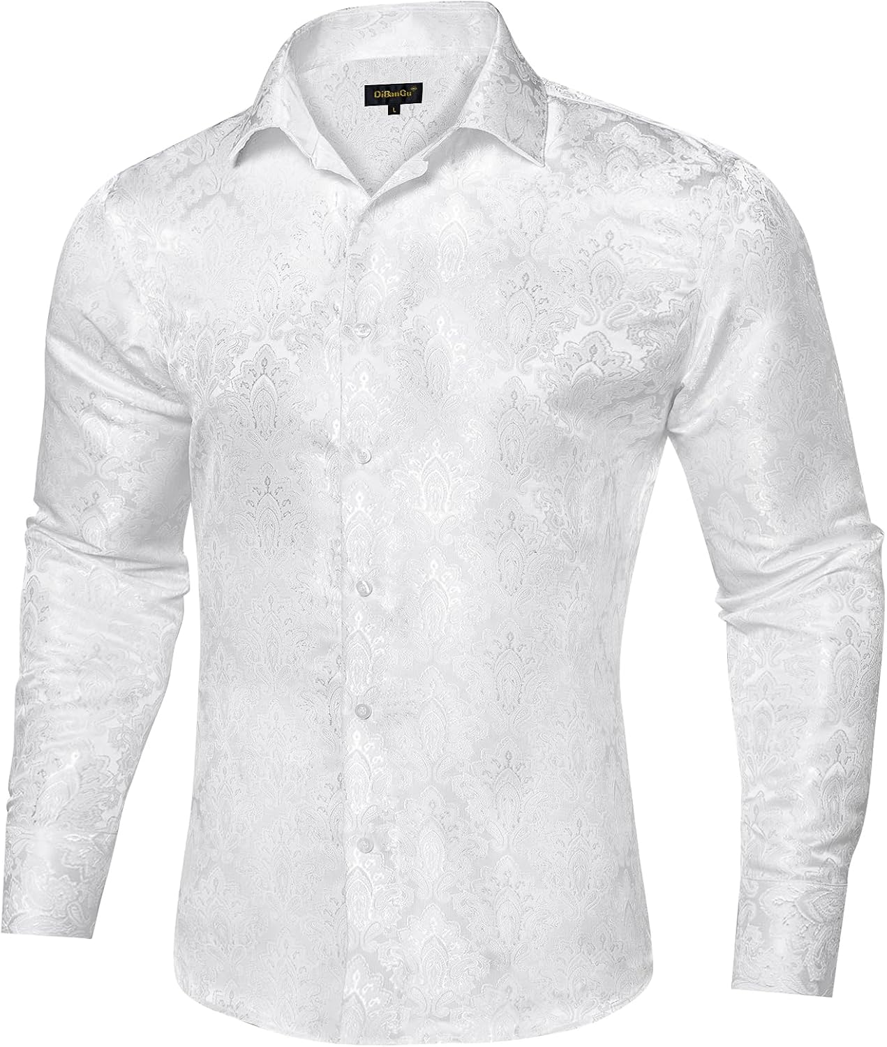 DiBanGu Mens Silk Paisley Dress Shirts,Long Sleeve Button Down Shirt Casual Regular Fit Shirt for Men Wedding Party - Image 2