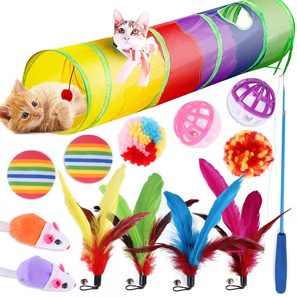 14 Piezas Juego Juguetes para Gatos, Juguete para Gatos con Túnel, Set Juguete Gatito, Juguetes para Gatos con Plumas Túnel, Juguete Interactivo con Plumas para Gatos Ratóns Bolas Varias, para Gatos