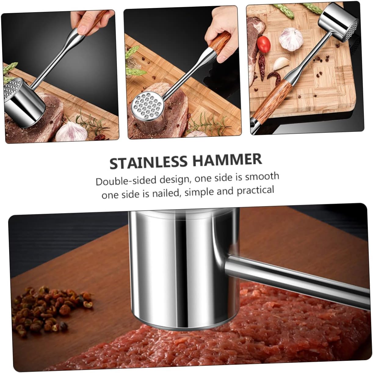 1pc Stainless Steel Meat Mallet Double-sided Tenderizer Tool Non-slip Handle Meat Hammer for Steak Tenderizing