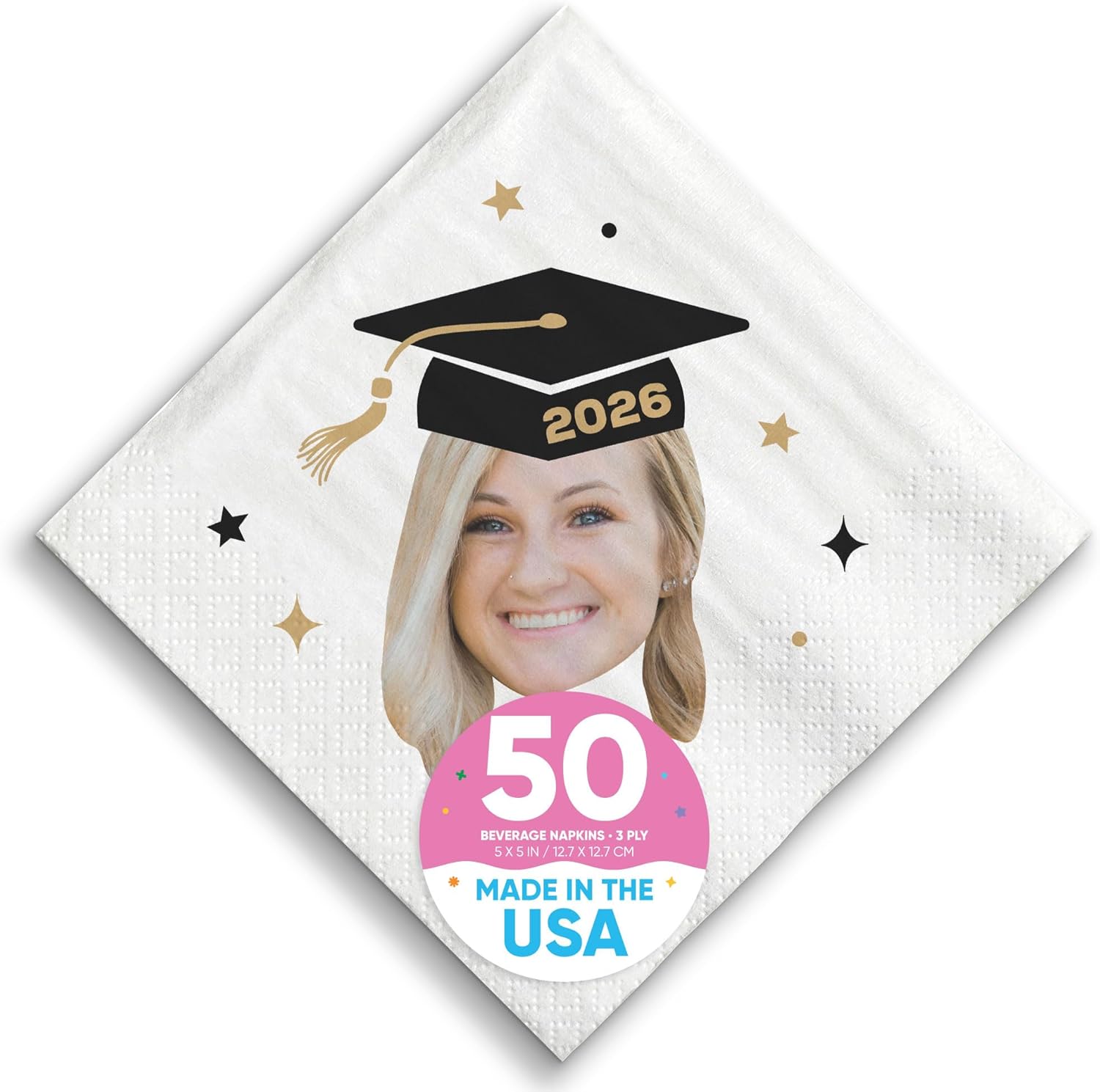Big Dot of Happiness Custom Graduation Party Photo Napkins, Vibrant Color Printing on White 3-Ply Paper, Personalized Face Cutout with Class of 2026 Grad Cap Beverage Napkins - 50 Count