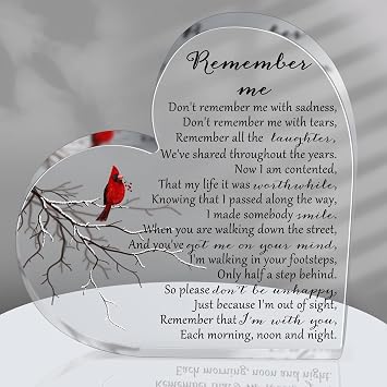 Yookeer Sympathy Gift Acrylic Heart Shape Memorial Bereavement Gifts for Loss of Loved One Red Cardinal Remembrance Condolence Funeral Grief Keepsake for Mom Dad Grandma FriendBird Style