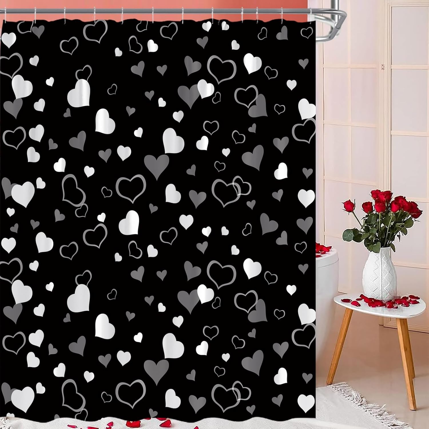 Valentines Heart Shower Curtain Black White Love Heart Romantic Love Girly Wedding Woman Fabric Bath Curtains with Hook,70x83.8 Inch