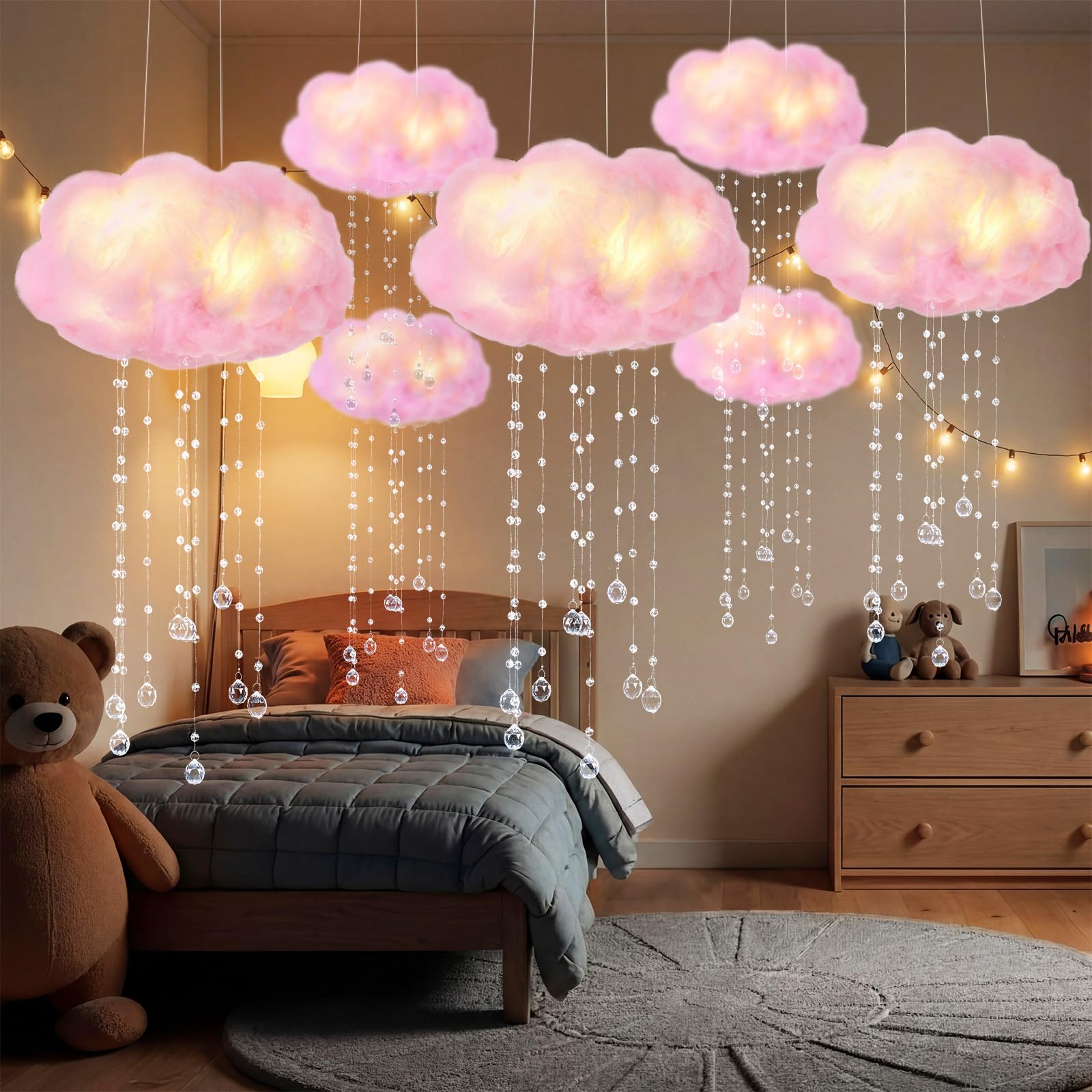 Marsui Künstliche Wolkenrequisiten, LED-Lichterkette, zum Aufhängen, 3D-Baumwolle, Wolke, Klassenzimmer, Schule, Dekoration, Regentropfen für Zimmer, Decke, Babyparty, Party, Hochzeit, Kinderzimmer