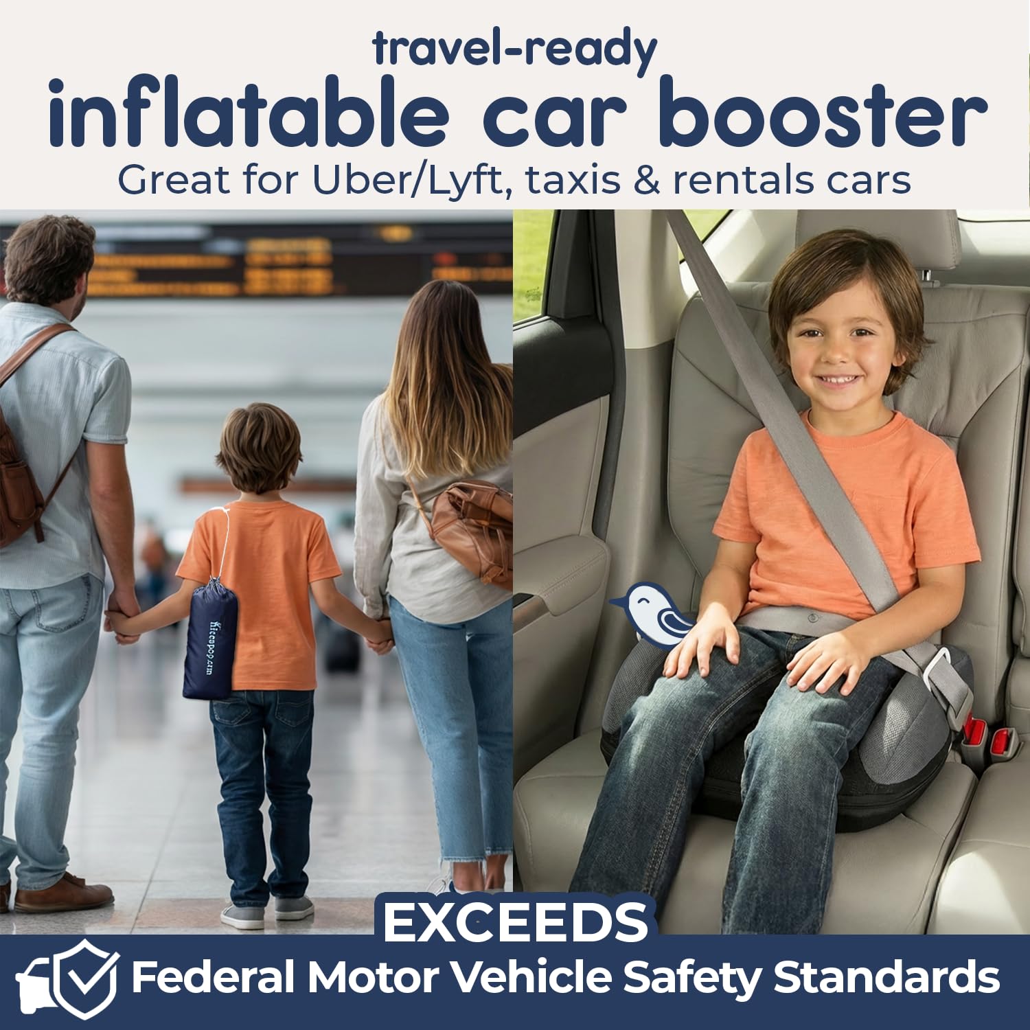 Hiccapop UberBoost Inflatable Backless Booster Seat for Kids, Portable Travel Car Seat | Classic Graphite Black