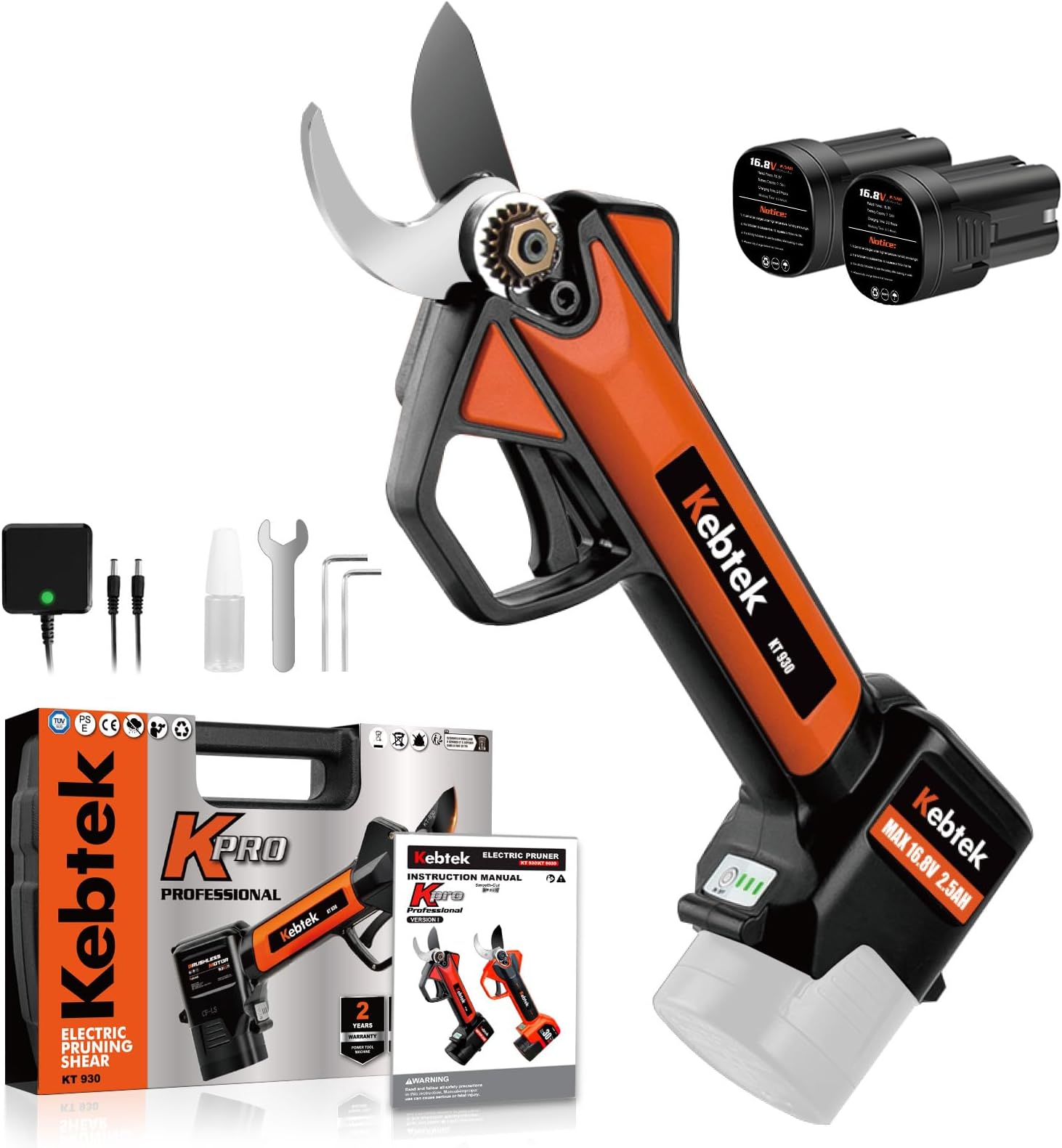 Electric Pruning Shears, Kebtek Cordless Electric Pruner Heavy Duty Electric Branch Cutter Brushless Motor with 2PCS 2500mAh 8-10H Working Time, 30mm (1.18 Inch) Cutting Diameter (KT930) Smooth-CUT