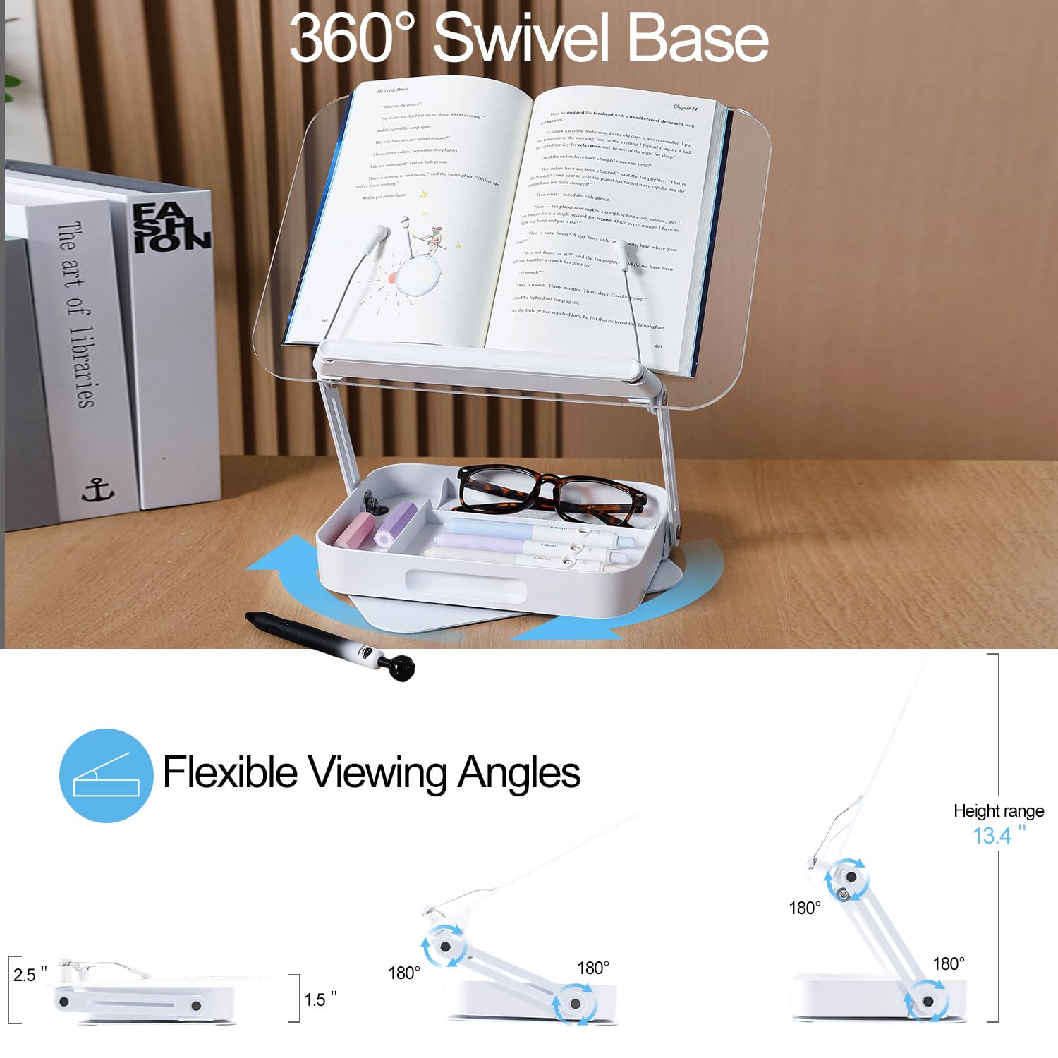 ZOEY Acrylic Book Stand for Reading Adjustable Book Holder with 360 Rotating Base and Storage Foldable Desktop Riser — view 3