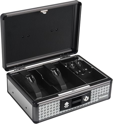 Miniatura 8 de Glosen Caja de efectivo con cerradura, caja de dinero con cerradura de llave y bandeja extraíble para monedas de 8.85 x 5.3 x 11.8 pulgadas (negro,
