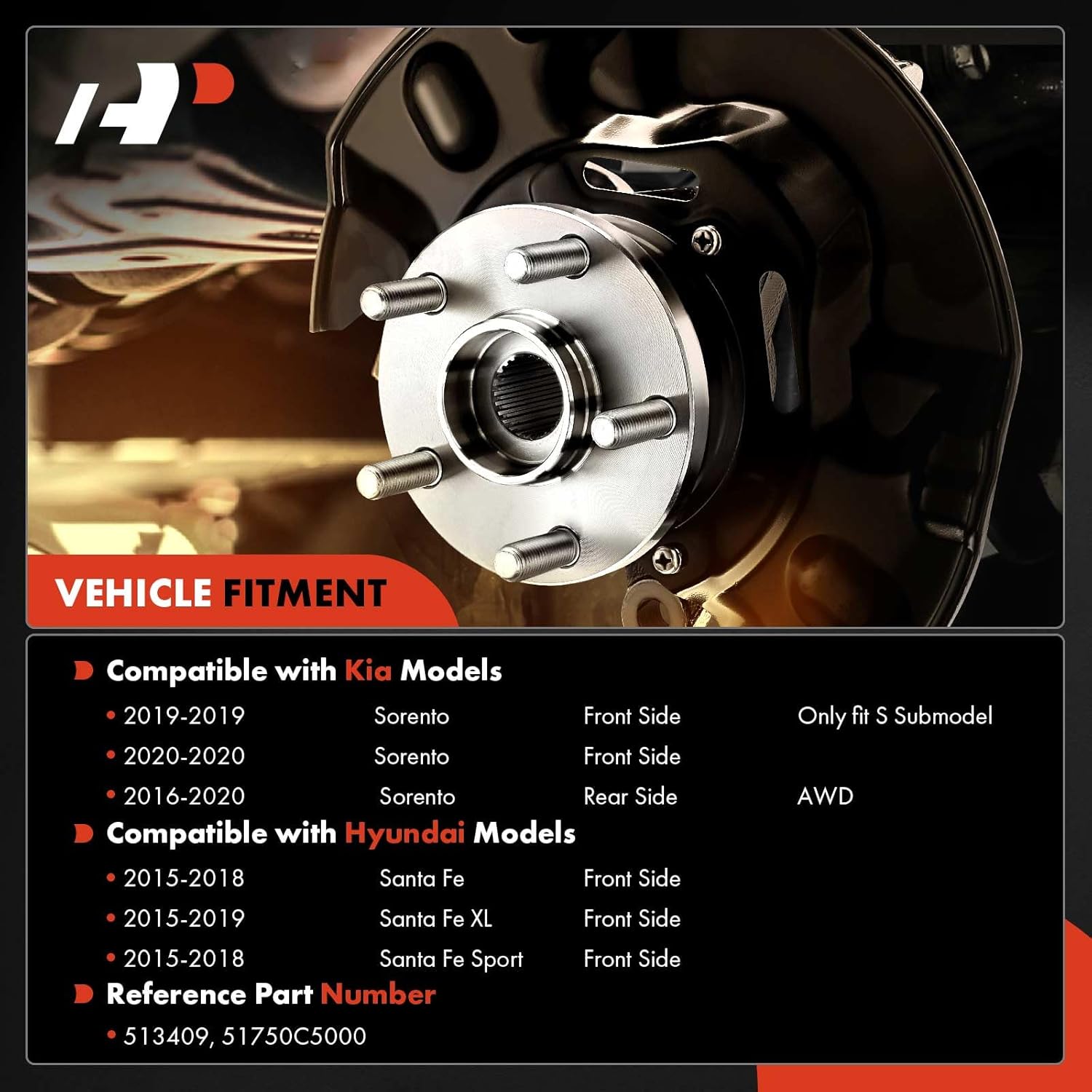 A-Premium Wheel Bearing and Hub Assembly with 5-Lug Compatible with Kia Sorento 2016-2020, Santa Fe 2015-2018, Santa Fe Sport 2015-2018, Santa Fe XL 2015-2019