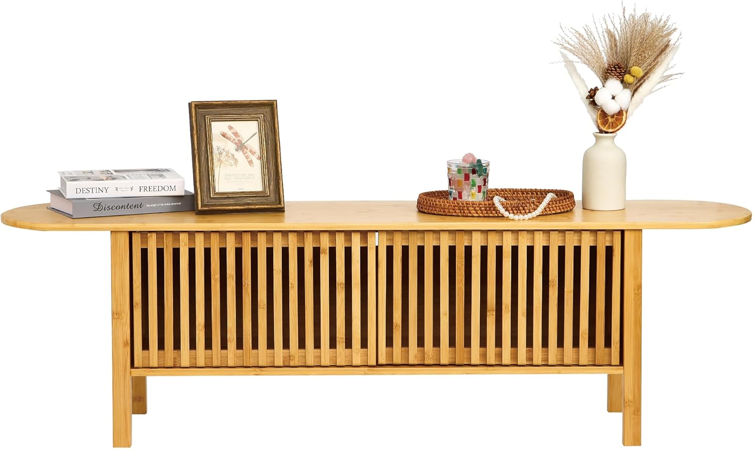 Bamboo TV Stand for TVs up to 65", Accent Entertainment Center with Storage, Media Console Table with Fence Door, Modern TV Stand for Living Room, Bedroom, 55"(L), Burlywood - Image 9