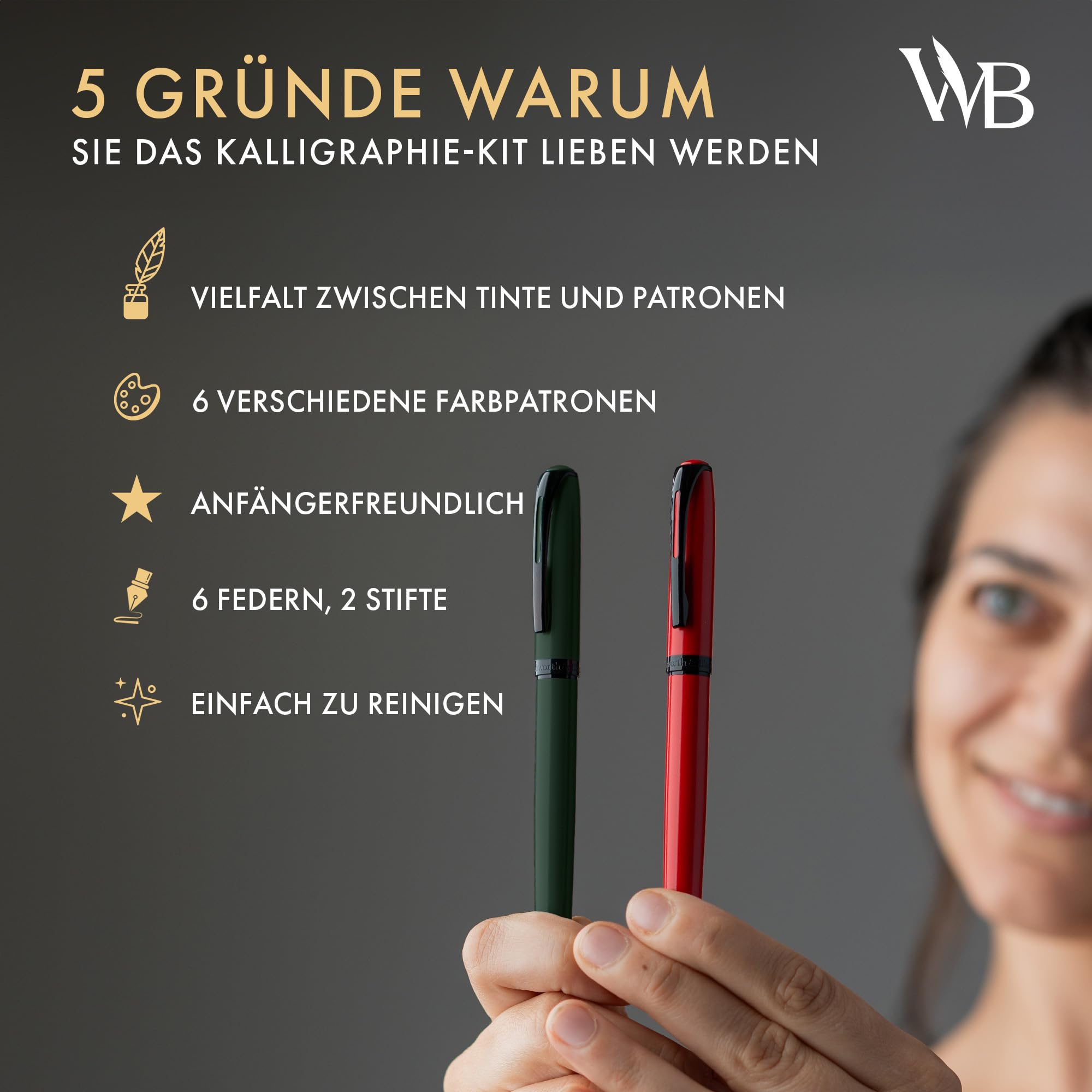 Wordsworth & Black Kalligraphie Set Anfänger, 2 Stifte, 5 Federn, Grün