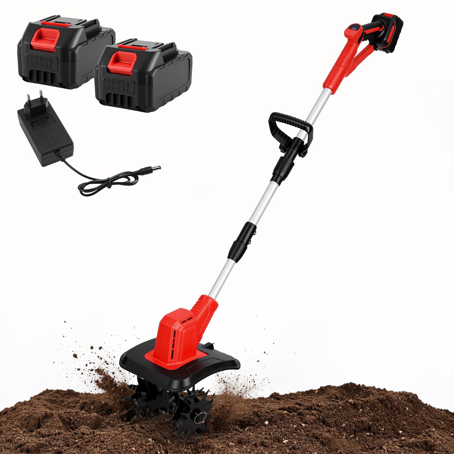 Fresa de jardín con batería de 21 V con 2 baterías de 3000 mAh, azada de 400 W, 20 cm de ancho de trabajo de 15 cm de profundidad de trabajo, fresadora plegable con 4 cuchillos, mango de 130 – 145 cm