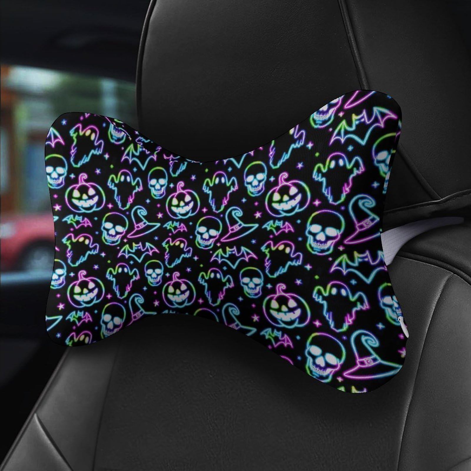 SMAZDFXX Halloween Neon Ghost Bats Skulls Pumpkin Witch Hat Car Neck Pillow Set of 2 Car Seat Head Support Cushion Bone Pillows with Elastic Strap
