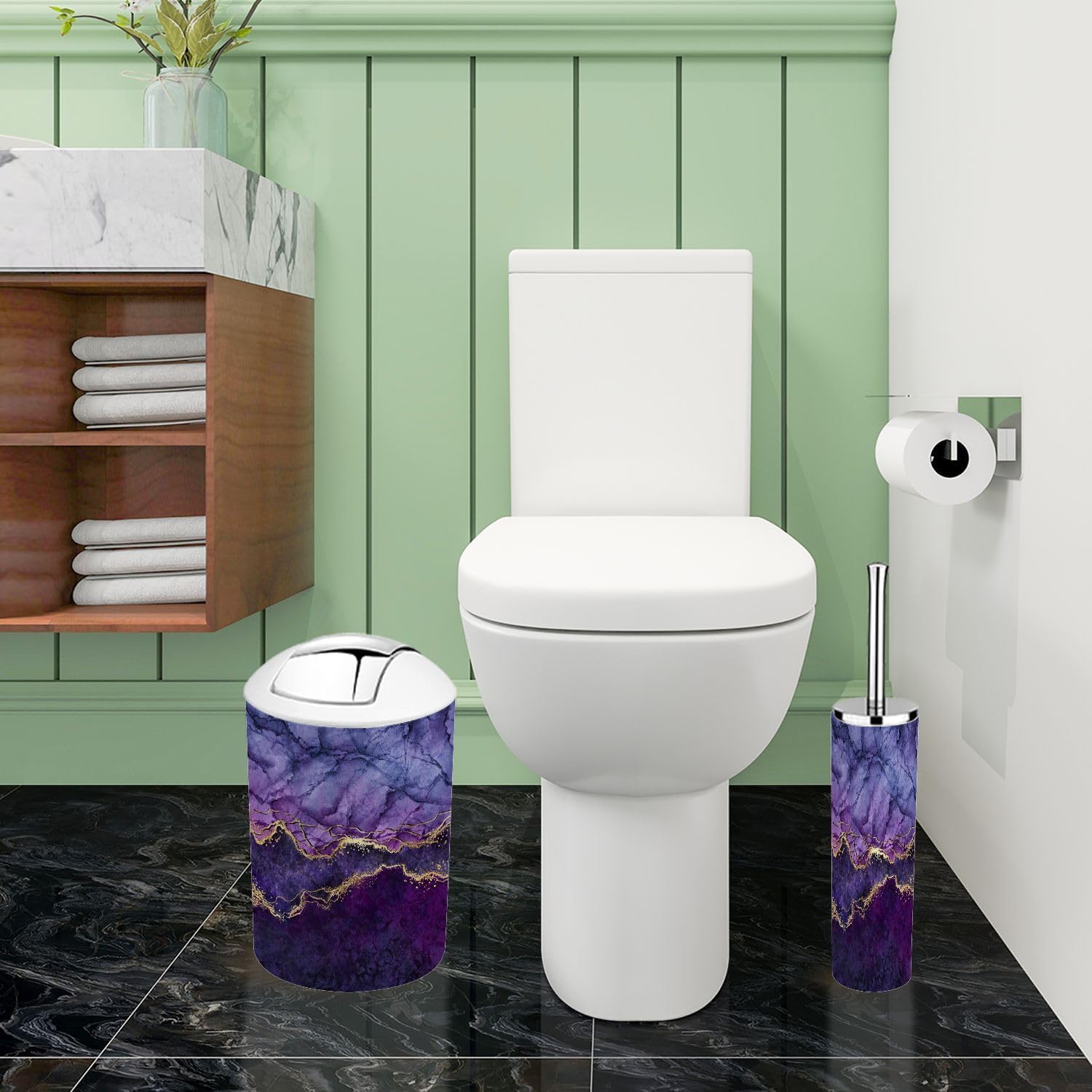 Bathroom Accessory Set 6 Piece Boho Abstract marbling Purple Marble Golden Veins Fake Painted Trash Can, Toothbrush Holder, Soap Dispenser, Soap Dish, Toothbrush Cup, Toilet Brush Holder