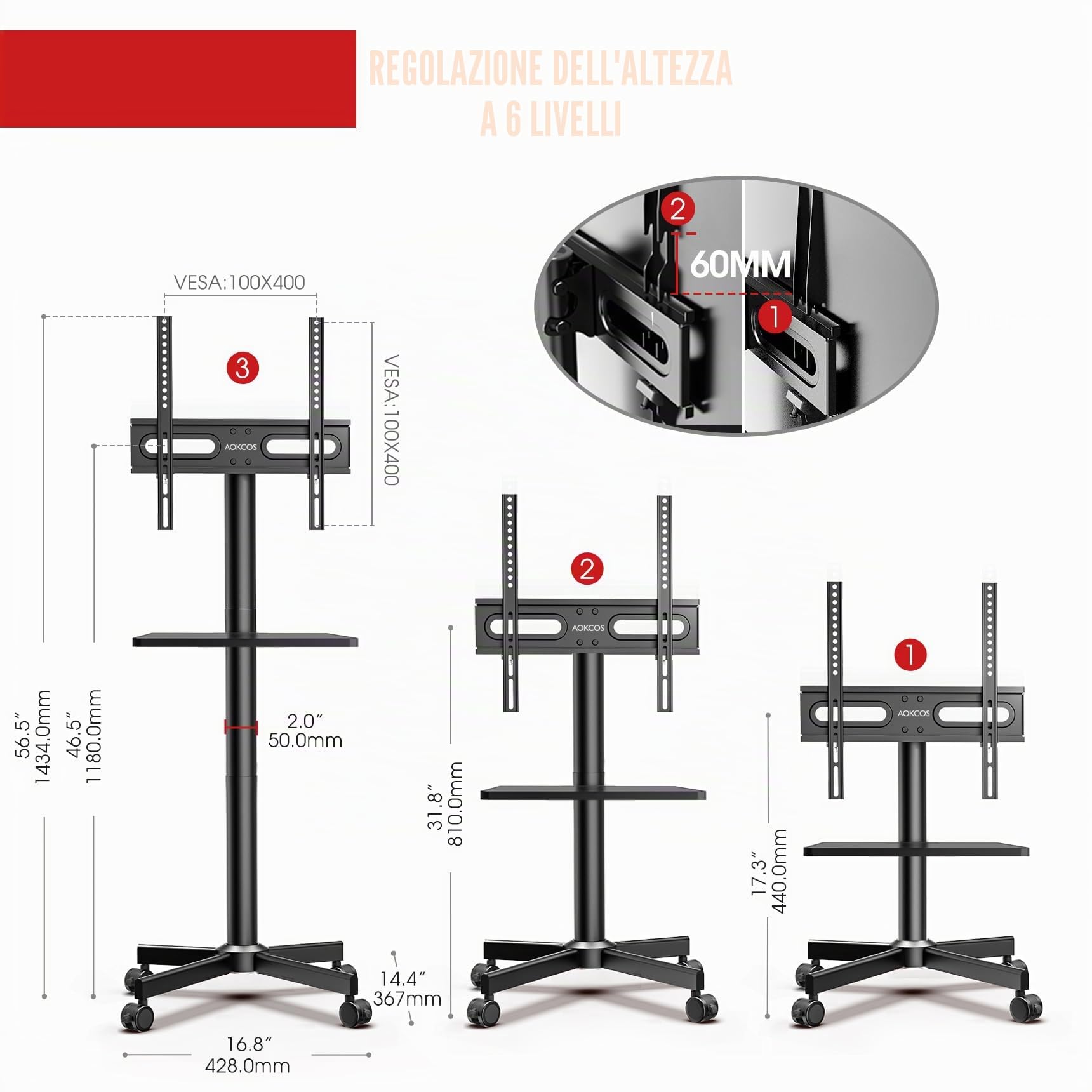 AOKCOS Carrello Porta TV con Ruote per 32-65 Pollici, Supporto TV da Pavimento Altezza Regolabile Inclinabile, Mobile Porta TV da Terra Max VESA 400x400mm 40kg
