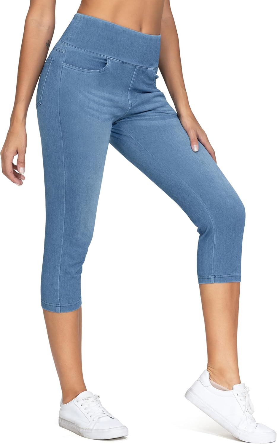 THE GYM PEOPLE Women's High Waisted Stretchy Capri Jeggings Pants Tummy Control Pull on Skinny Jean Leggings with Pockets
