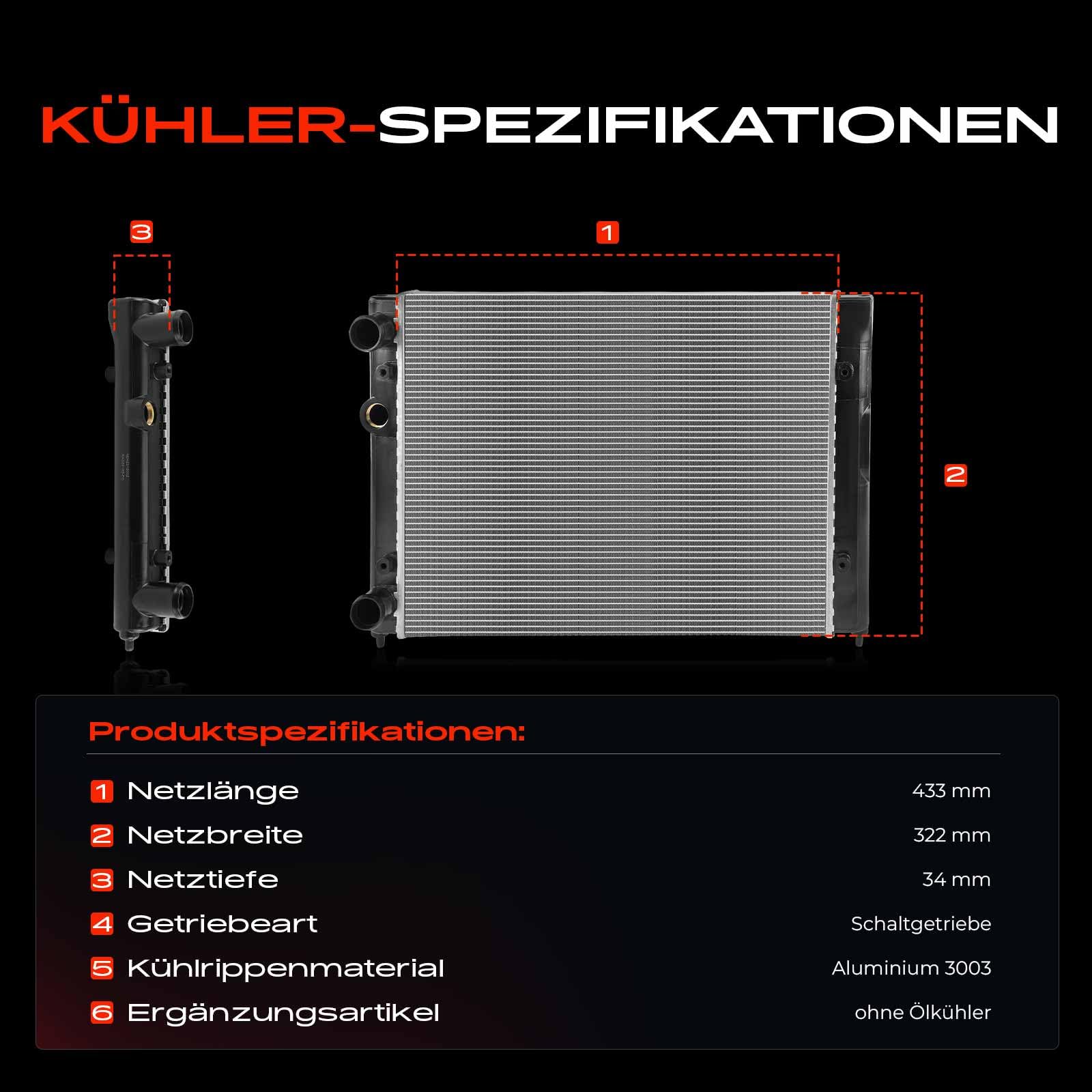 Frankberg Kühler Wasserkühler Motorkühler Schaltgetriebe Kompatibel mit Golf III Variant 1H5 1.4L 1993-1999 V.e.n.t.o 1H2 1.4L 1.6L 1991-1998 Replace# 6N0121253B
