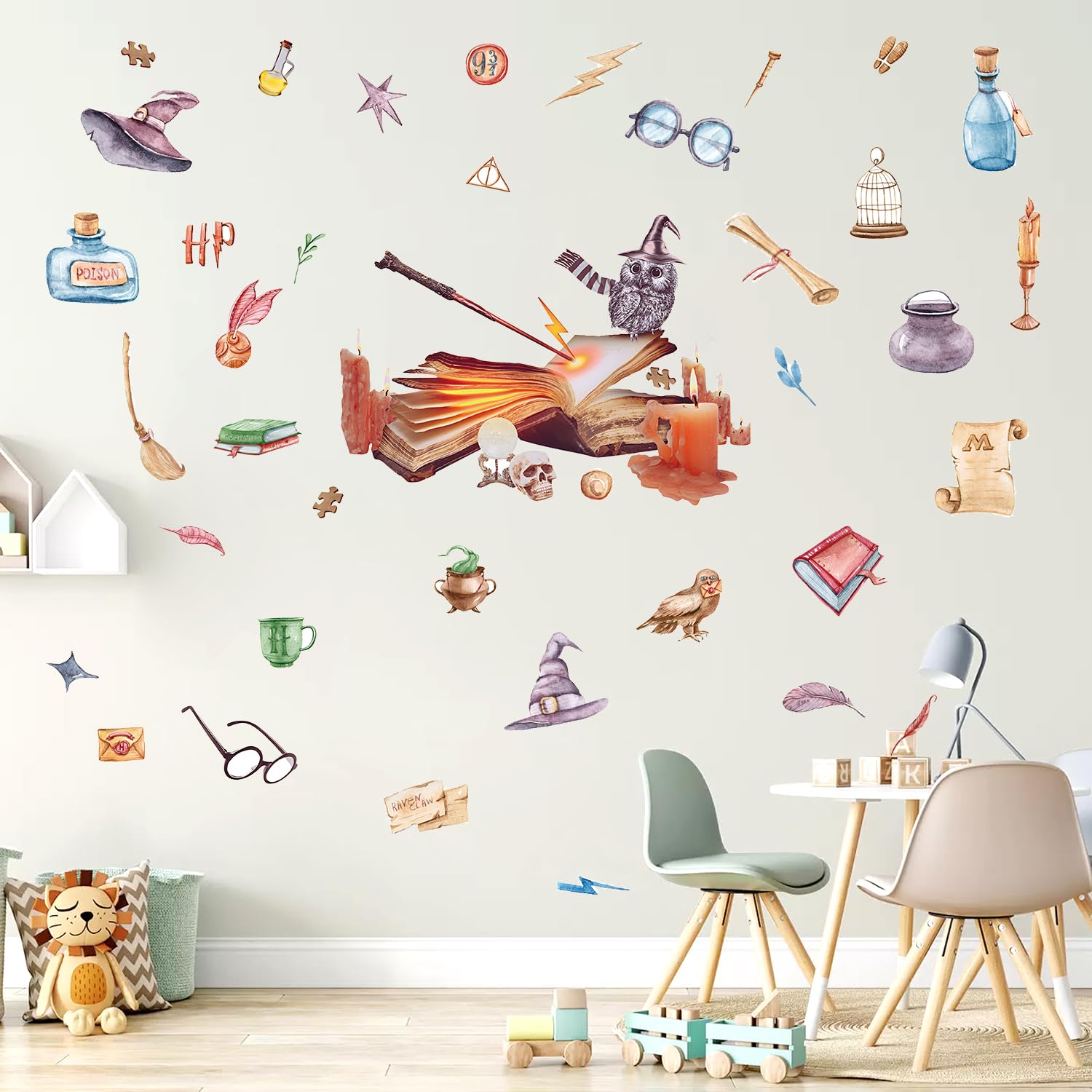 Magic School Wall Decals, Reading Corner Decor for Classroom Playroom, Watercolor Magic Owl Witch Wall Art Picture, Funny Chamber Skull of Secrets Quote Sticker for Modern Kids Room Home Decor