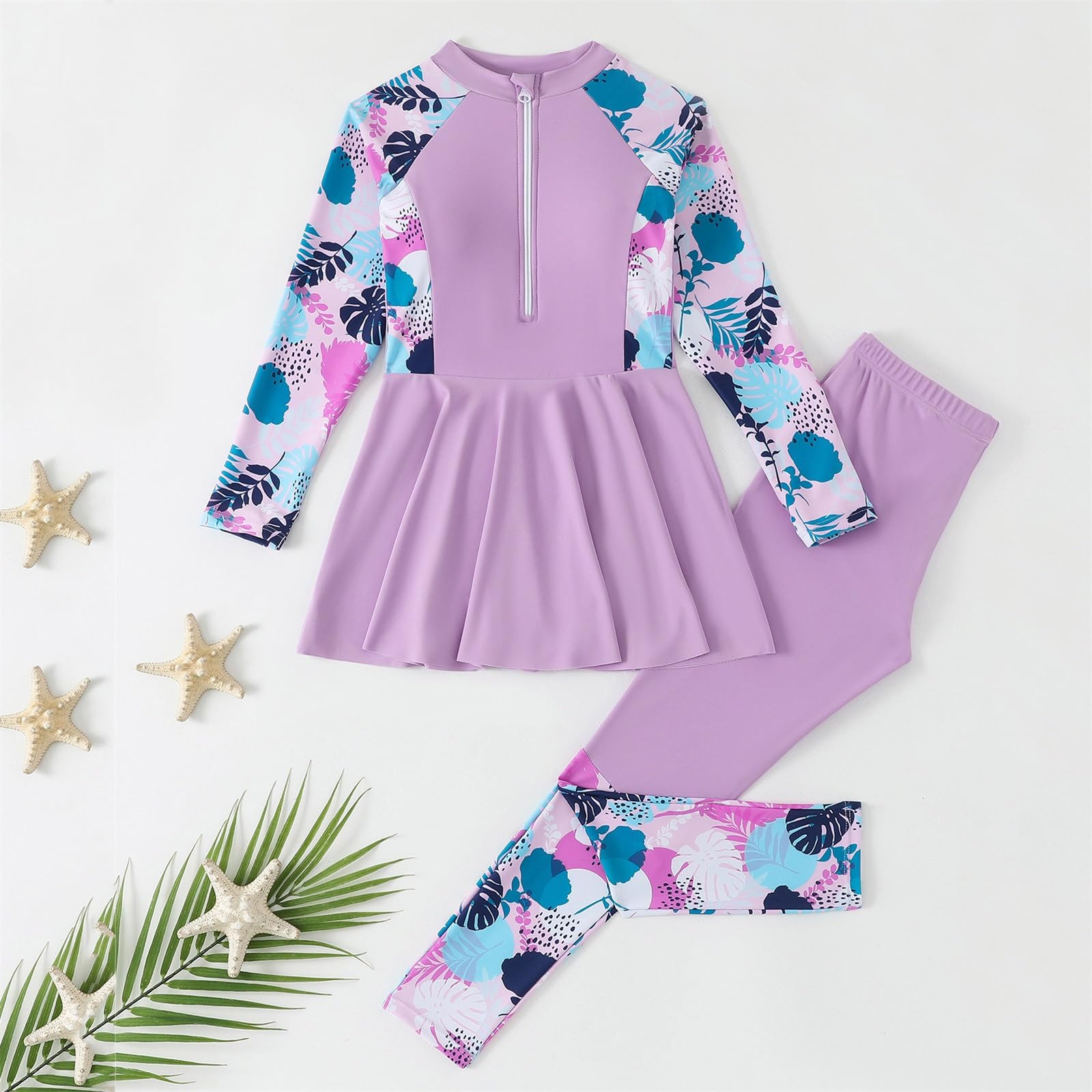 Enfant Fille Maillot de Bain Musulmane Anti UV Tenue Manches Longues avec Pantalon de Bain Burkini Combinaison Natation Plage Surf